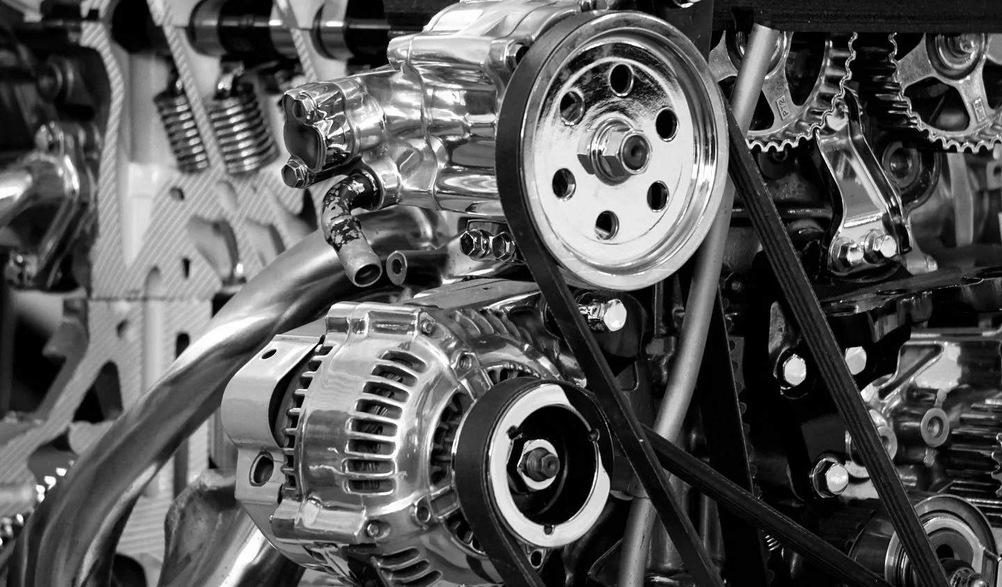 Detailed engine components in monochrome