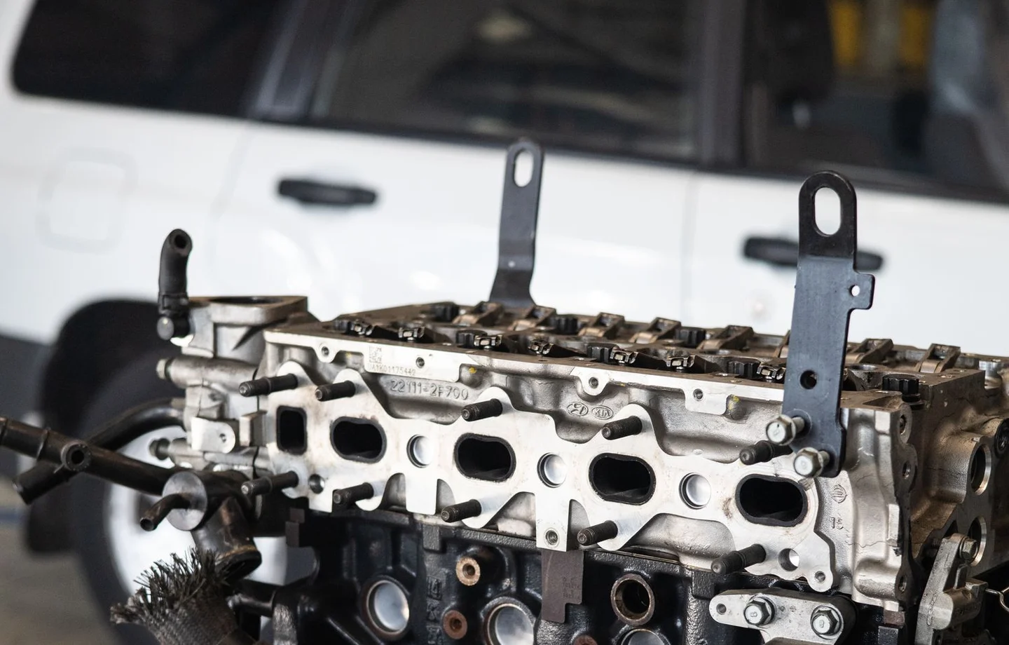 Engine assembly in a repair workshop