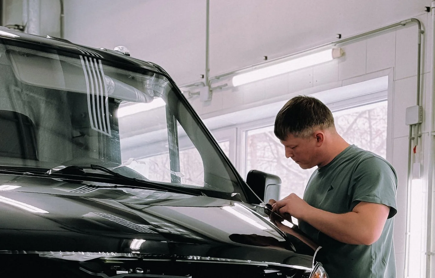Commercial van inspection in a workshop